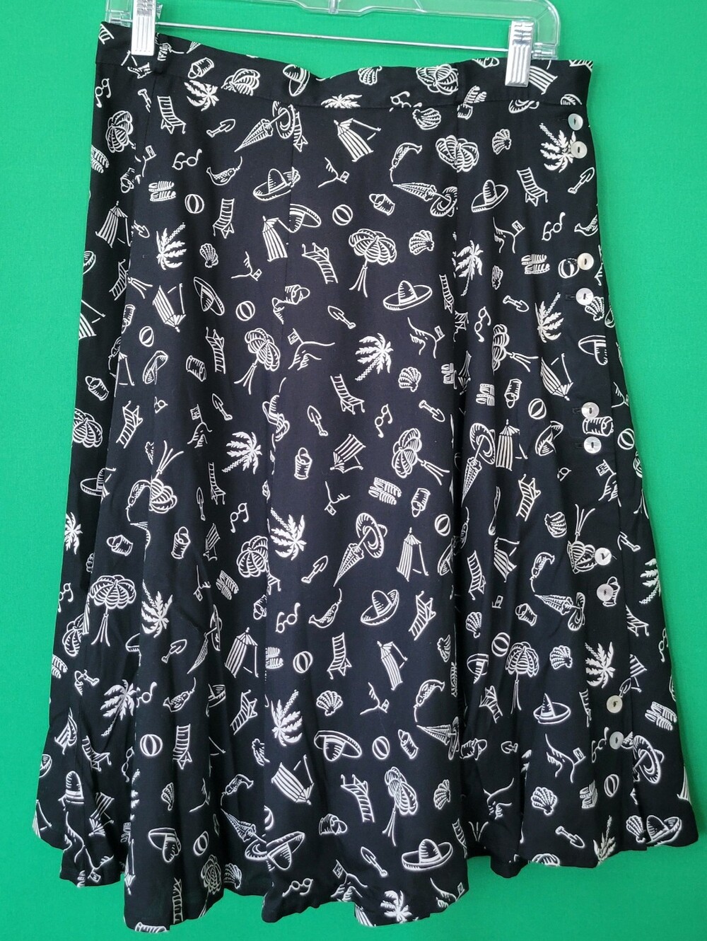 Rebecca Thomas Black A-Line Skirt Pleated Summer Novelty Motif Sz 14 Vtg 90s Y2k